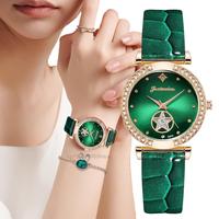 Luksusowe kobiety moda 2022 zielone zegarki cechy diament Studded zegarek kwarcowy panie skórzane zegarki na rękę elegancki Montre Femme 1